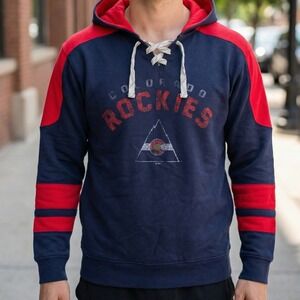 NHL Vintage Hockey Colorado Rockies Lace Up Hoodie Navy Red Mens Small